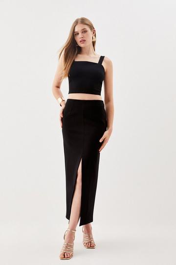 Petite Ponte Strappy Crop Top Split Front Skirt Jersey Set black