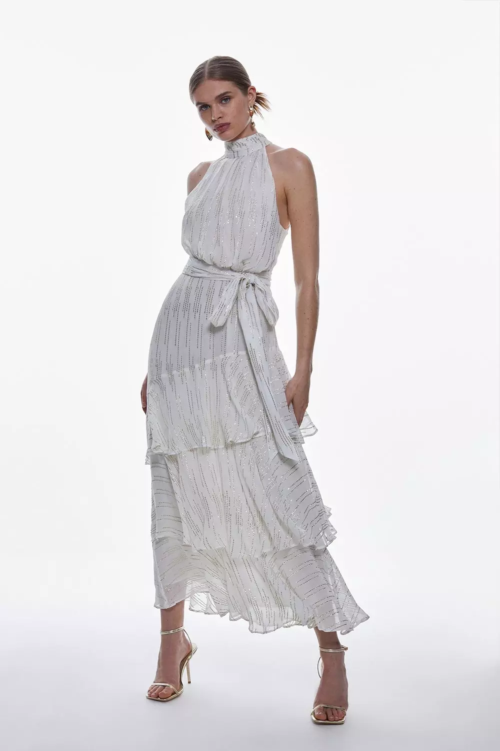 KAREN MILLEN ミディ丈 ドレス フリル 無地 タイト テーラード Tailored Crepe Mono Floral Bow Detail Midi Dress | Karen Millen