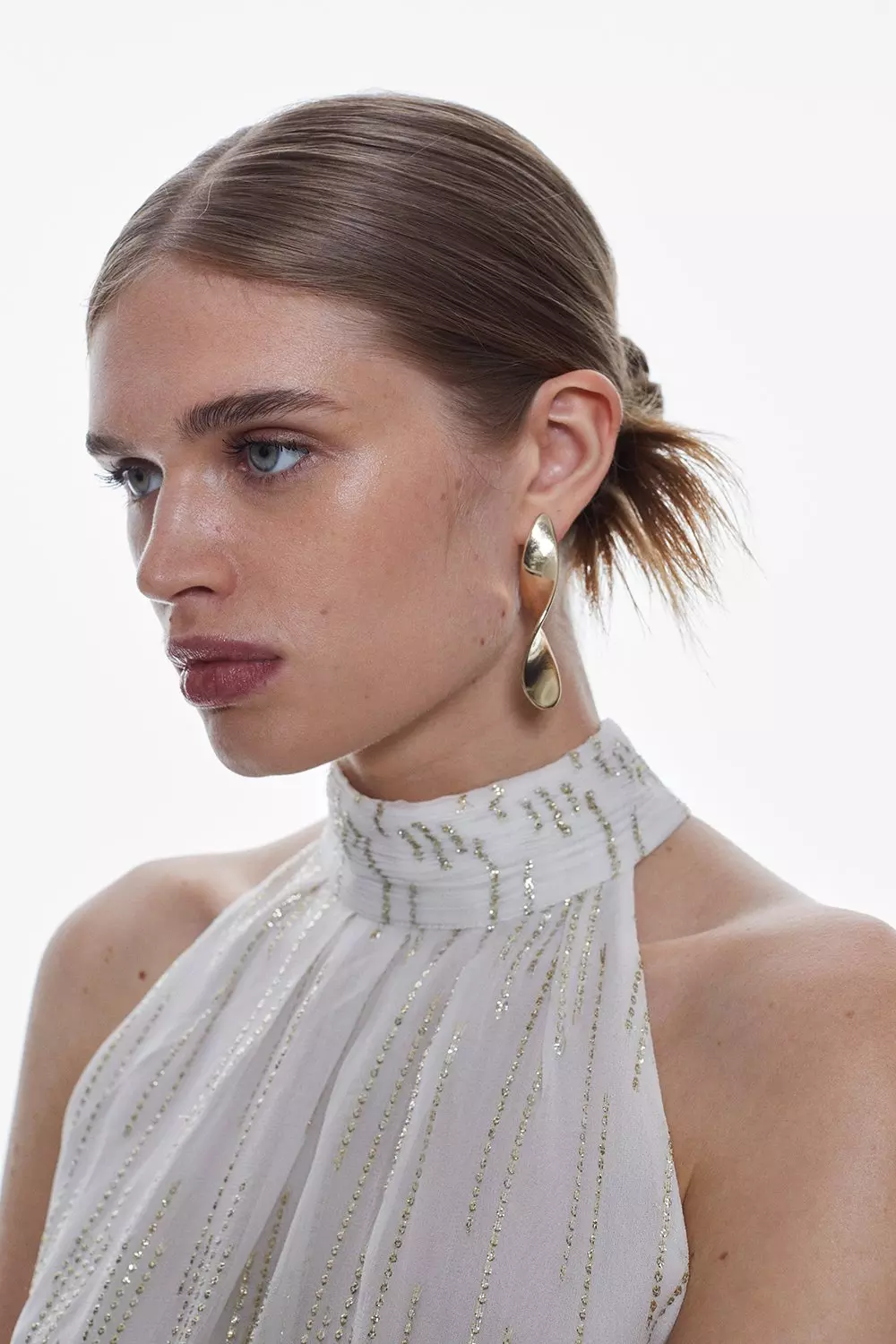 Sparkle Iridescent Halter Ruffle Midi Dress | Karen Millen