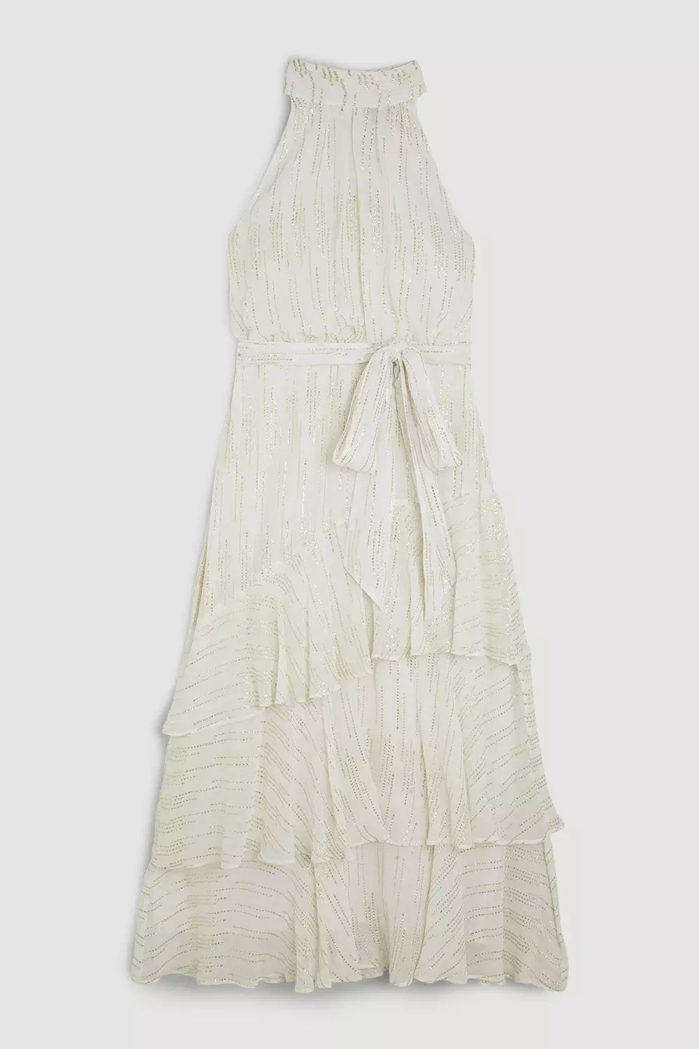 Sparkle Iridescent Halter Ruffle Midi Dress | Karen Millen