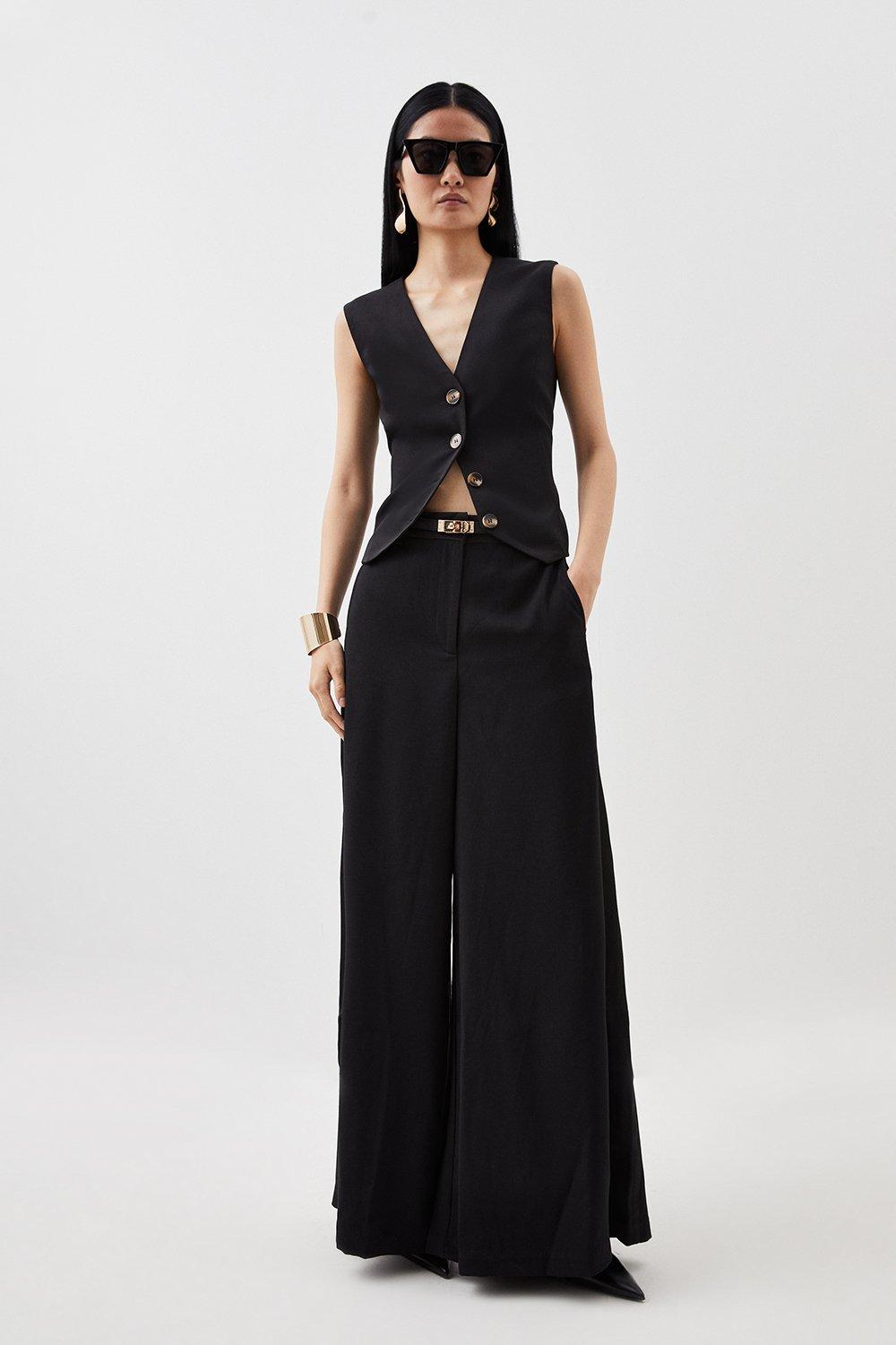 Black Satin Back Crepe Woven Wide Leg Pants