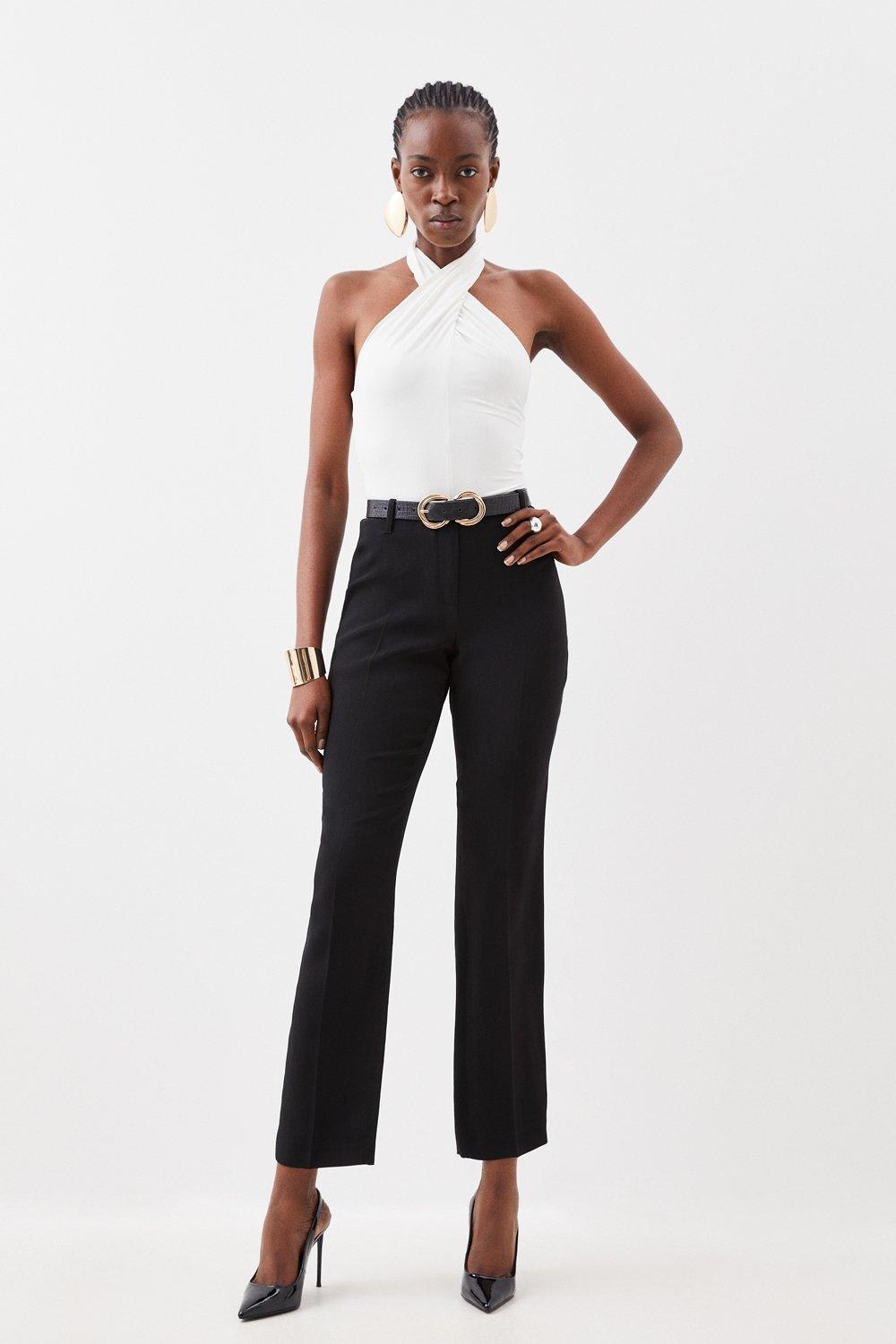 Black Polished Viscose Tailored Low Waist Straight Leg Pants