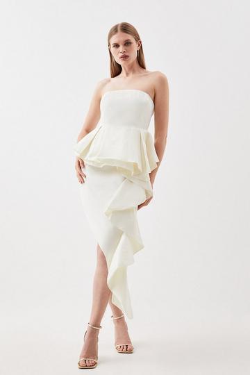 Taffeta Double Ruffle Detail Tailored Midi Dress ivory