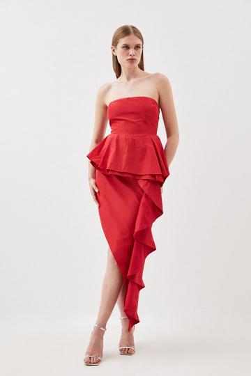 Taffeta Double Ruffle Detail Tailored Midi Dress red