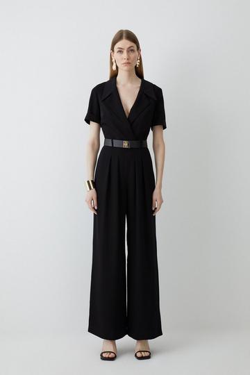 Black Soft Tailored Belted Pleat Wide Leg Jumpsuit