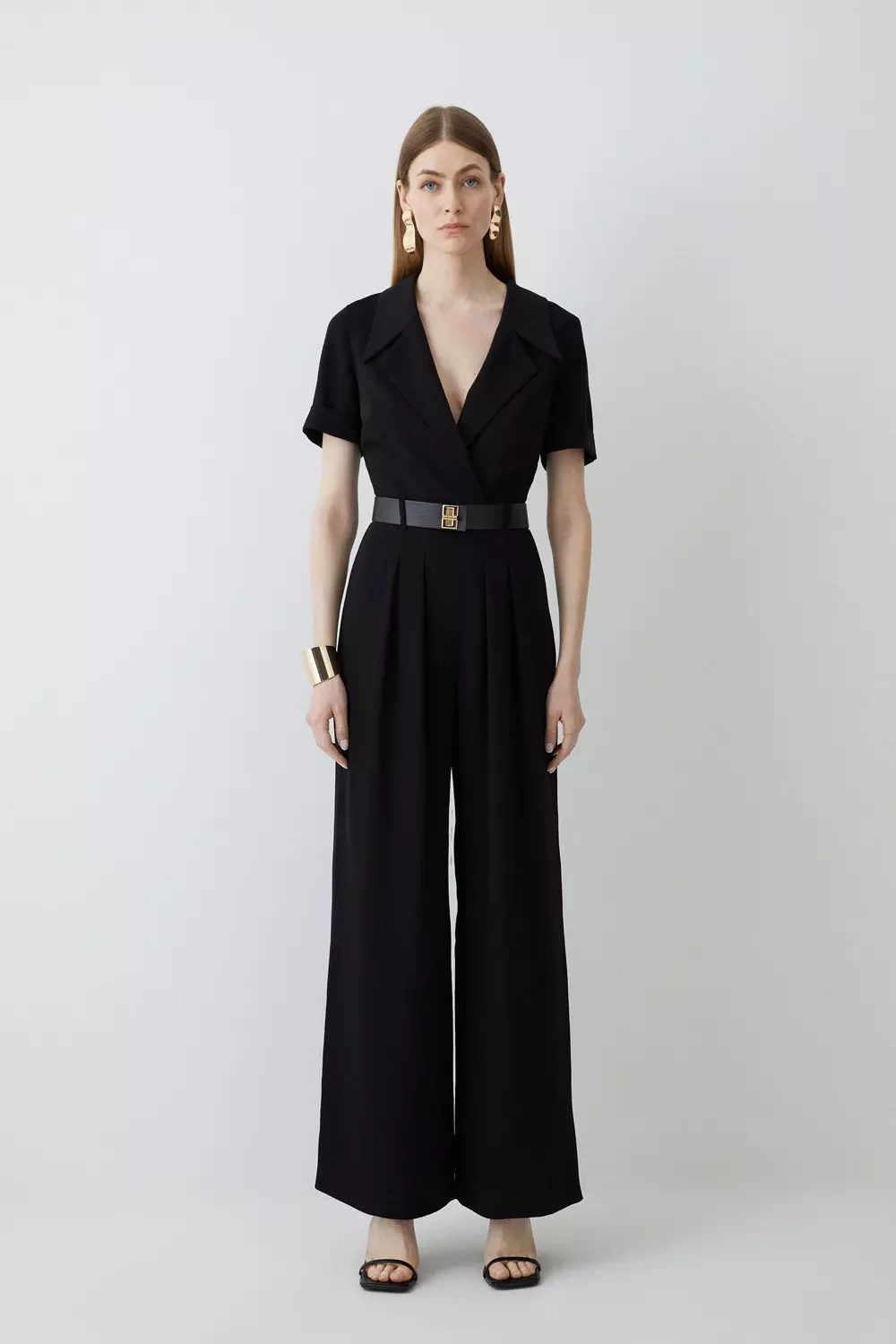 Soft Tailored Belted Pleat Wide Leg Jumpsuit Karen Millen