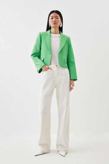 Green Textured Crepe Notch Neck Tailored Jacket