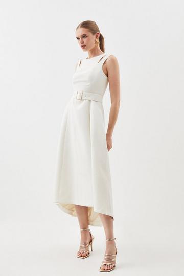 Textured Crepe Tailored Seam Detail Belted Midi Dress ivory