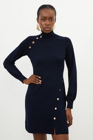 Viscose Blend Popper Detail Knitted Mini Dress navy