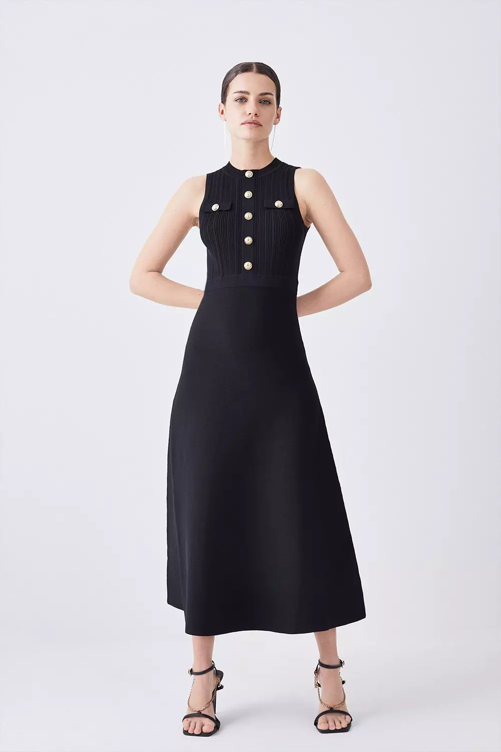 Petite Viscose Blend Rib Knit Military Sleeveless Midaxi