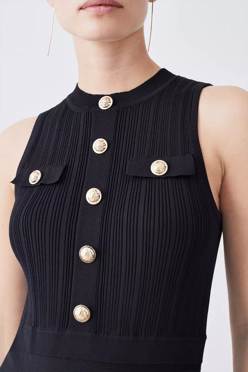 Karen Millen::ベルト ミリタリーミニドレス:UK6[RESALE] Petite Viscose Blend Rib Knit Military Sleeveless Midaxi