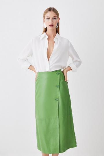 Leather Button Wrap Midaxi Skirt bright green