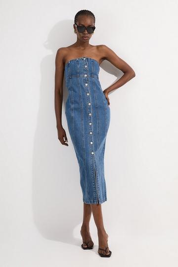 Blue Denim Bandeau Button Midi Dress