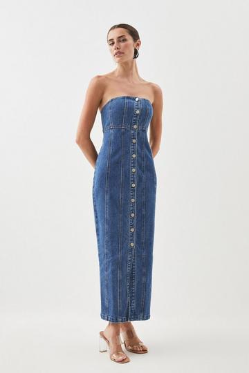 Denim Bandeau Button Midi Dress mid wash