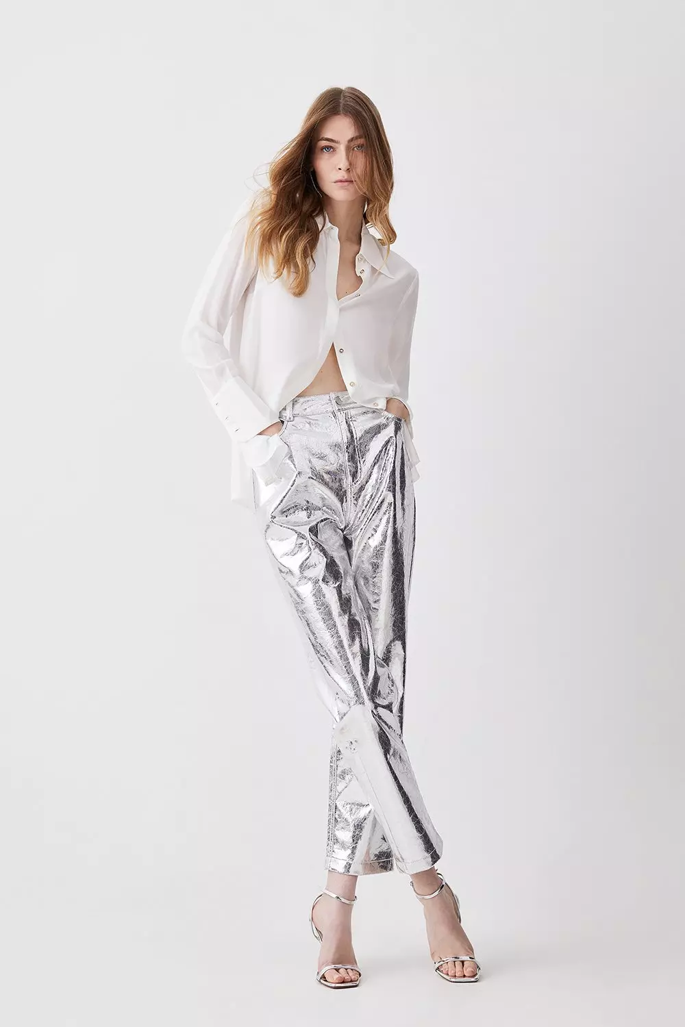 Silver Metallic Faux Leather Straight Leg Pants alternative image