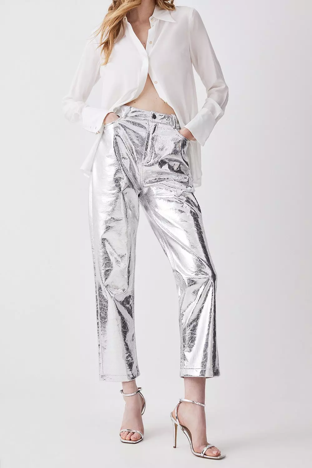 Silver Metallic Faux Leather Straight Leg Pants alternative image