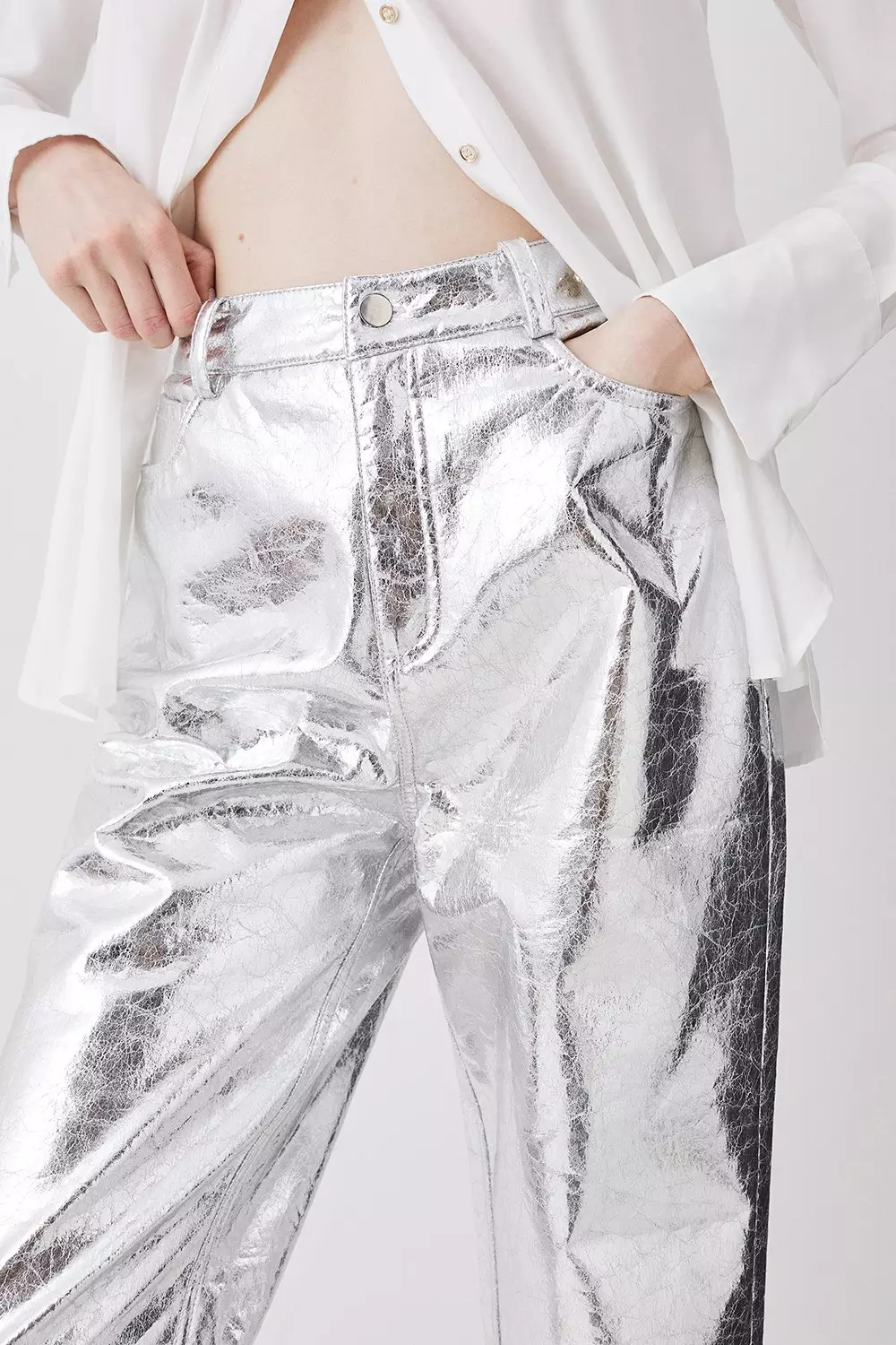 Silver Metallic Faux Leather Straight Leg Pants alternative image