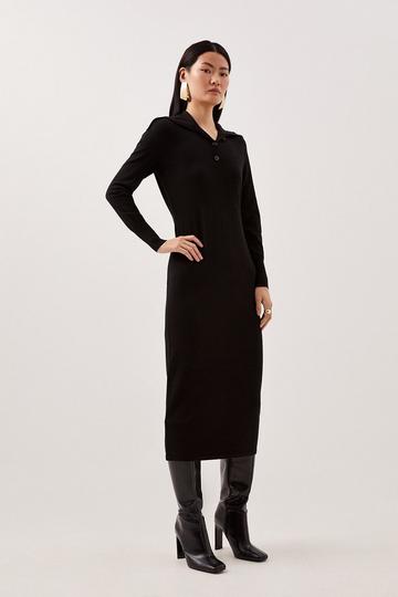 Viscose Blend Fly Collar Knitted Midi Dress black