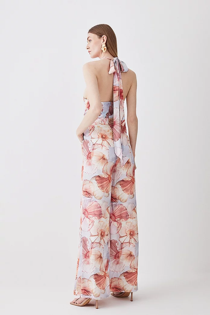Satin Crepe Etched Floral Woven Wide Leg Jumpsuit | Karen Millen Satin Crepe Etched Floral Woven Wide Leg Jumpsuit | Karen Millen