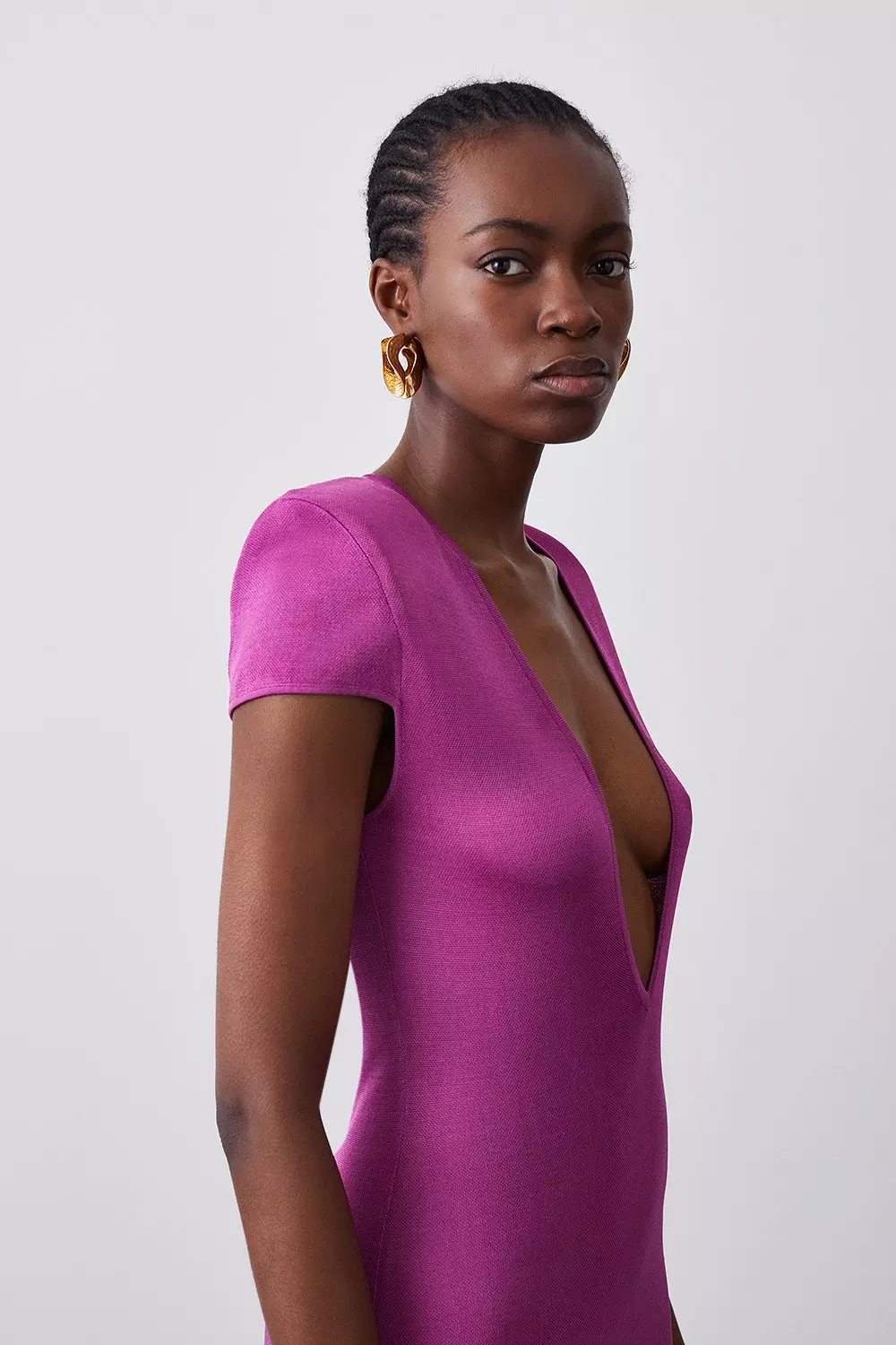 Plunge V Neck Power Shoulder Slinky Knit Maxi Dress | Karen