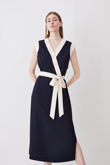 Twill Button Detailed Belted Woven Midi Dress navy