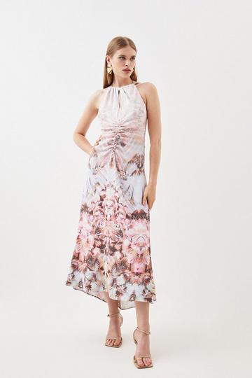 Multi Placed Floral Ruched Waterfall Woven Maxi Dress