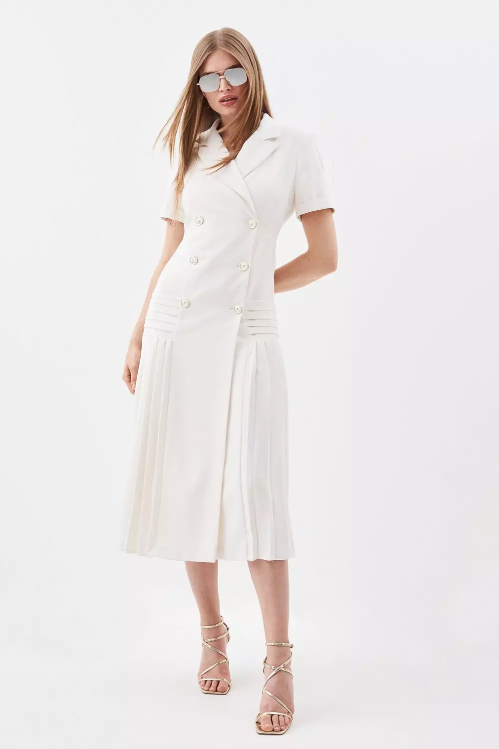 Petite Pleated Button Detailed Woven Midi Dress Karen Millen