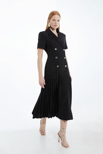 Black Pleated Button Detailed Woven Midi Dress