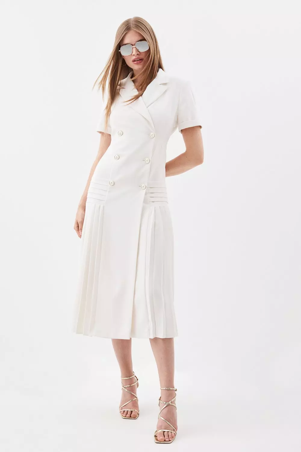 Pleated Button Detailed Woven Midi Dress Karen Millen