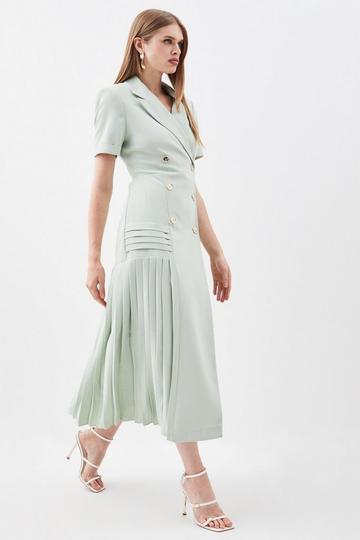 Pleated Button Detailed Woven Midi Dress sage