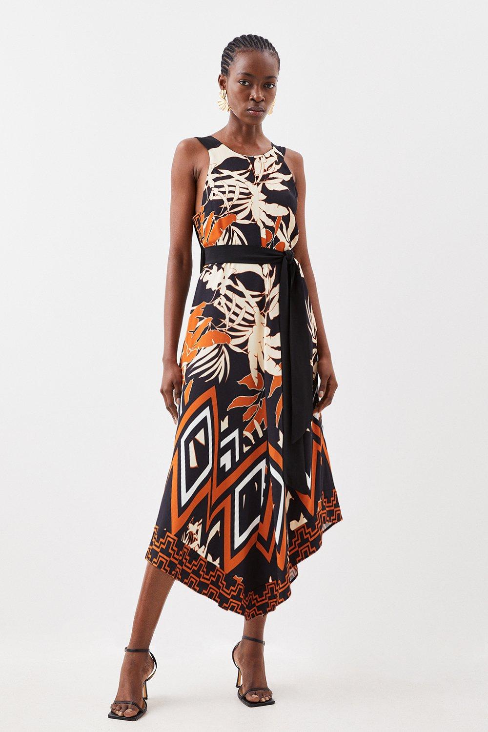 Abstract Floral Border Printed Woven Midi Dress | Karen Millen