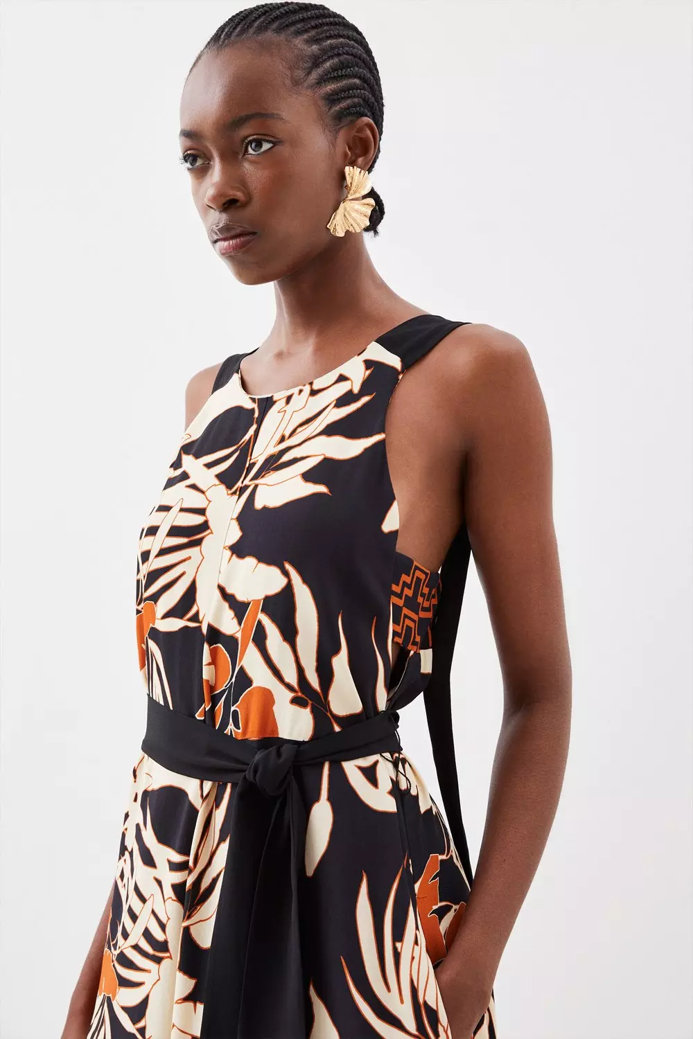 Abstract Floral Border Printed Woven Midi Dress | Karen Millen