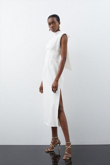 Pintuck Tie Neck Woven Column Midi Dress ivory