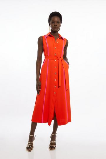 Red Petite Soft Tailored Pipe Detail Sleeveless Shirt Dress