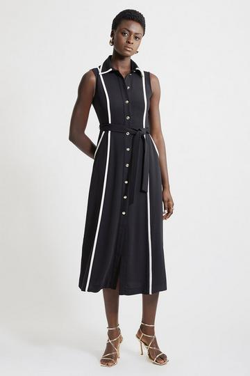 Black Soft Tailored Pipe Detail Sleeveless Shirt Dress
