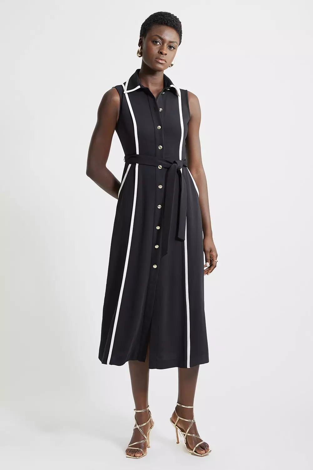 Soft Tailored Pipe Detail Sleeveless Shirt Dress | Karen Millen