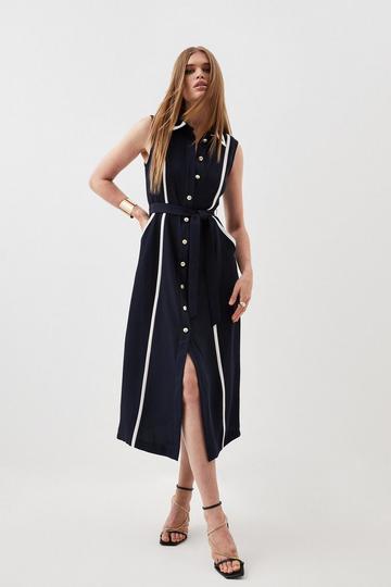 Navy Soft Tailored Pipe Detail Sleeveless Shirt Dress