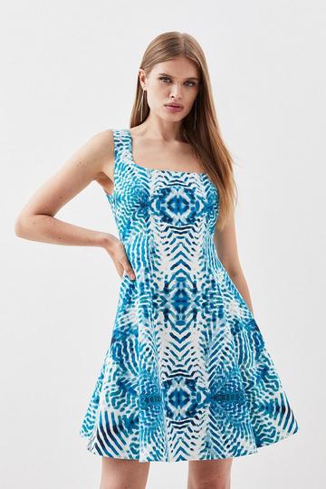 Blue Mirrored Print Cotton Sateen Skater Dress