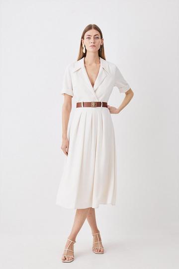 Ivory White Soft Tailored Belted Midaxi Dress