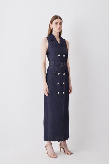 Tailored Denim Belted Trench Midi Dress denim