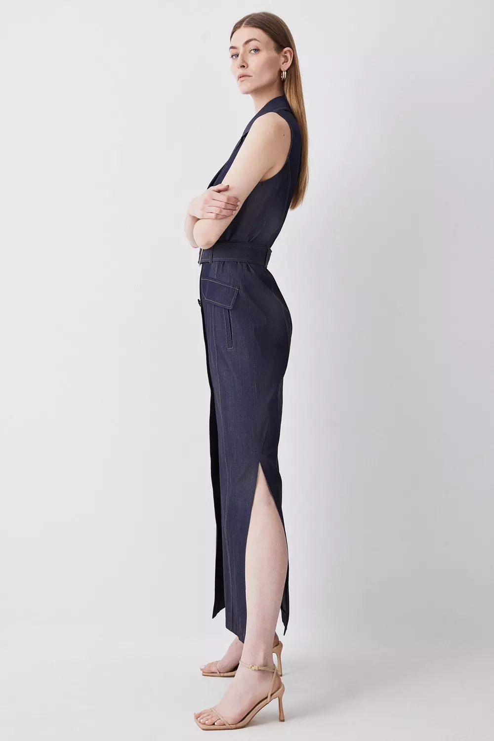 Tailored Denim Belted Trench Midi Dress | Karen Millen