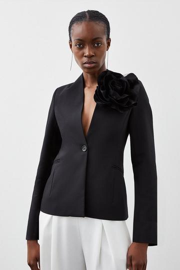 Clean Tailored Corsage Detail Collarless Blazer black