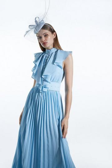 Georgette Ruffle High Neck Woven Midi Dress blue