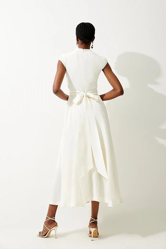 Petite Premium Linen V Neck Wrap Detail Woven Midi Dress Petite Premium Linen V Neck Wrap Detail Woven Midi Dress