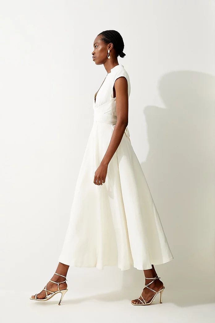Premium Linen V Neck Wrap Detail Woven Midi Dress | Karen Millen Premium Linen V Neck Wrap Detail Woven Midi Dress | Karen Millen
