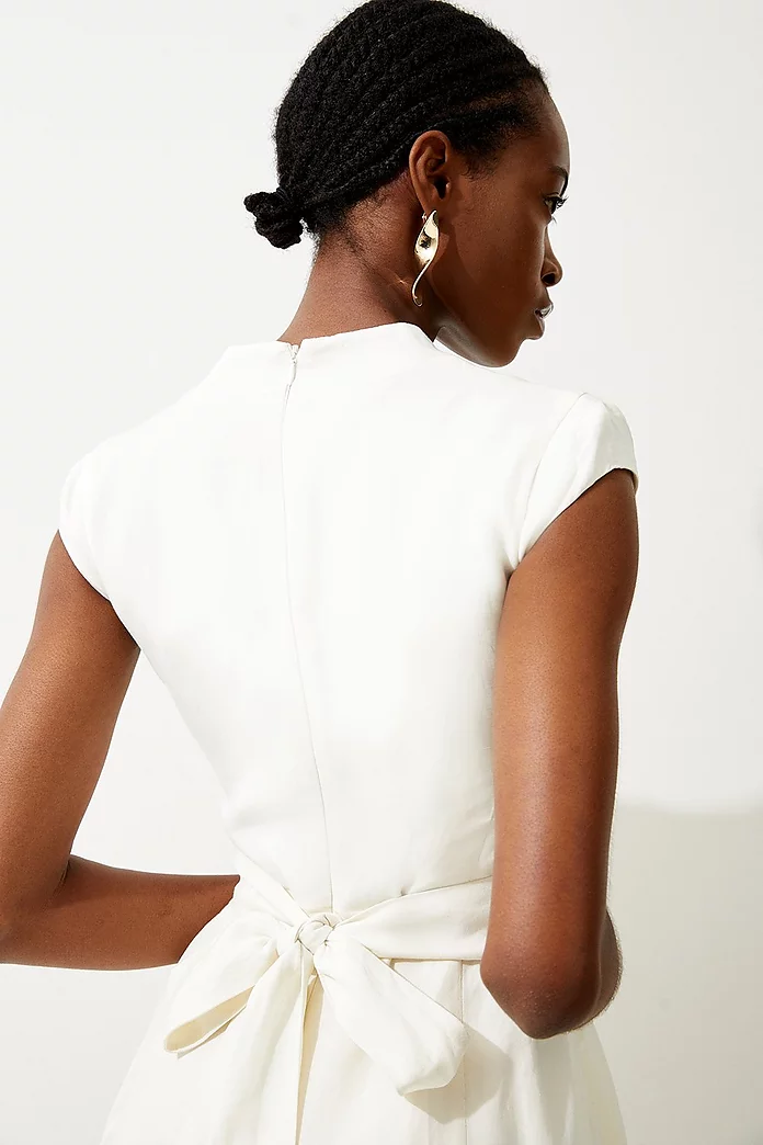 Premium Linen V Neck Wrap Detail Woven Midi Dress | Karen Millen Premium Linen V Neck Wrap Detail Woven Midi Dress | Karen Millen