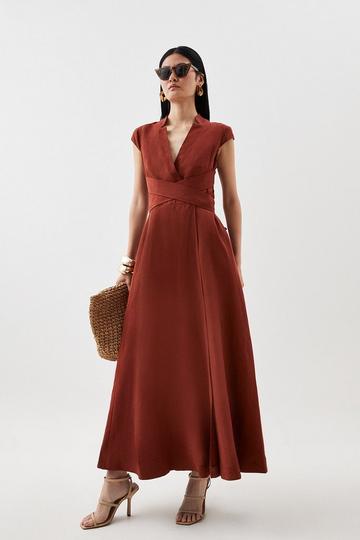 Premium Linen V Neck Wrap Detail Woven Midi Dress rust