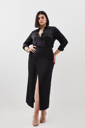 Black Plus Size Satin Crepe Split Maxi Skirt