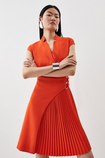 Orange Military Pleat Notch Neck Wrap Tailored Mini Dress