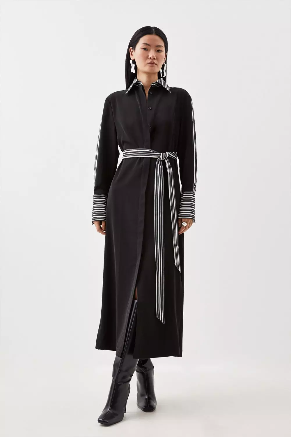 Stripe Twill Woven Belted Midi Shirt Dress Karen Millen